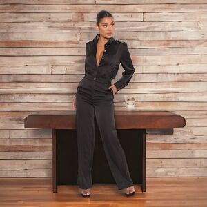 WOMEN'S SATIN PANT SET - BLACK SIZE MEDIUM
